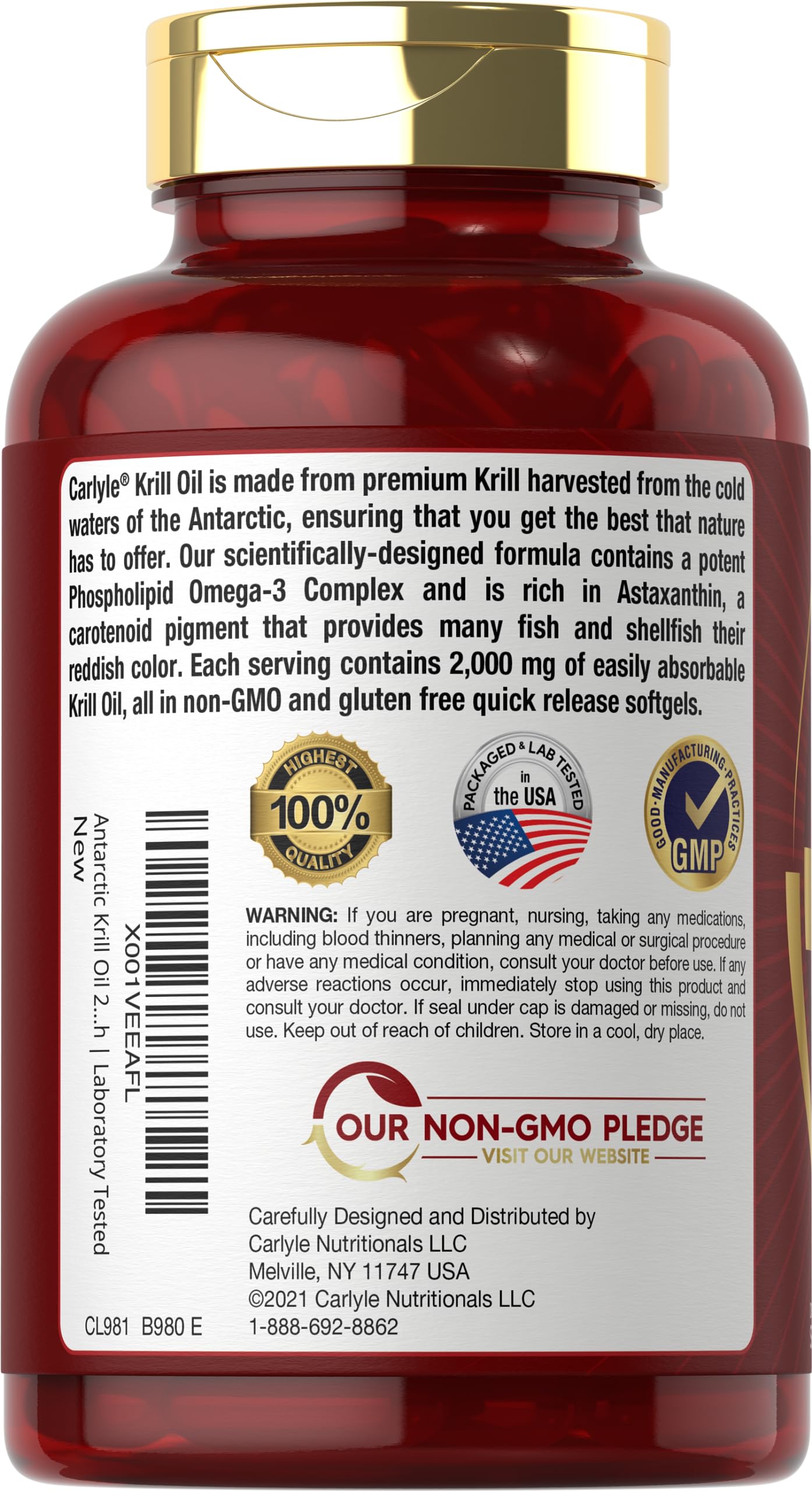 Carlyle Antarctic Krill Oil 2000 mg 120 Softgels | Omega-3 EPA, DHA, with Astaxanthin Supplement Sourced from Red Krill | Maximum Strength | Laboratory Tested